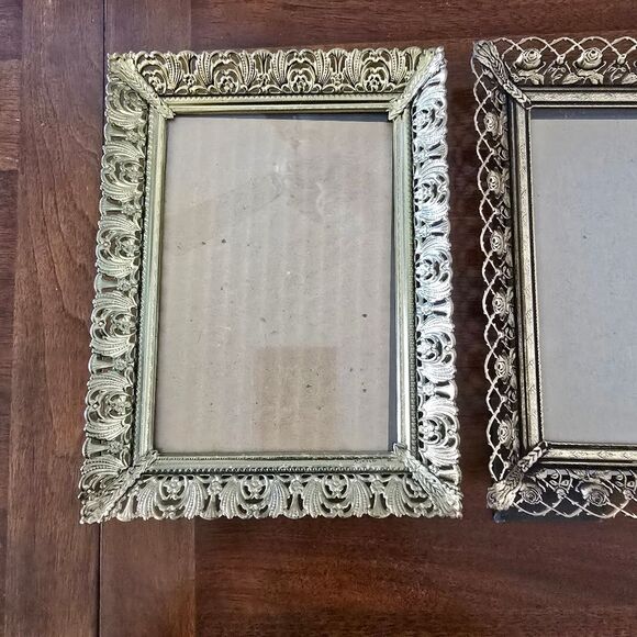 Vintage Ornate Brass Photo Frame Set Gold Tone MCM Filigree Flowers Easel - Picture 8 of 11